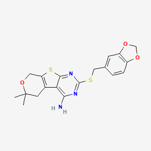 molecular formula C19H19N3O3S2 B3480758 2-[(1,3-benzodioxol-5-ylmethyl)thio]-6,6-dimethyl-5,8-dihydro-6H-pyrano[4',3':4,5]thieno[2,3-d]pyrimidin-4-amine 