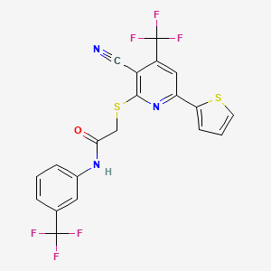 molecular formula C20H11F6N3OS2 B3484652 2-{[3-cyano-6-(2-thienyl)-4-(trifluoromethyl)pyridin-2-yl]thio}-N-[3-(trifluoromethyl)phenyl]acetamide 