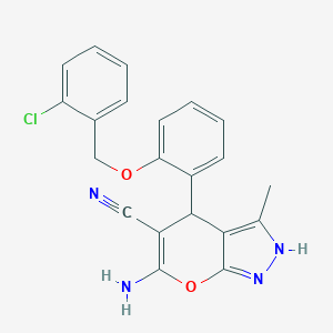 molecular formula C21H17ClN4O2 B348548 6-Amino-4-{2-[(2-chlorobenzyl)oxy]phenyl}-3-methyl-1,4-dihydropyrano[2,3-c]pyrazole-5-carbonitrile CAS No. 337499-01-1
