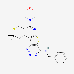 molecular formula C24H26N6OS2 B3486610 N-benzyl-4,4-dimethyl-8-morpholin-4-yl-5,11-dithia-9,14,15,16-tetrazatetracyclo[8.7.0.02,7.012,17]heptadeca-1(10),2(7),8,12(17),13,15-hexaen-13-amine 