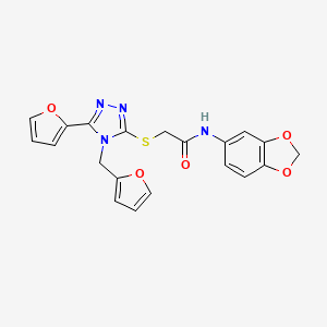 molecular formula C20H16N4O5S B3492905 N-(1,3-benzodioxol-5-yl)-2-{[5-(furan-2-yl)-4-(furan-2-ylmethyl)-4H-1,2,4-triazol-3-yl]sulfanyl}acetamide 