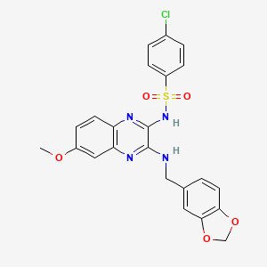 molecular formula C23H19ClN4O5S B3493918 N-(3-{[(2H-1,3-BENZODIOXOL-5-YL)METHYL]AMINO}-6-METHOXYQUINOXALIN-2-YL)-4-CHLOROBENZENE-1-SULFONAMIDE 