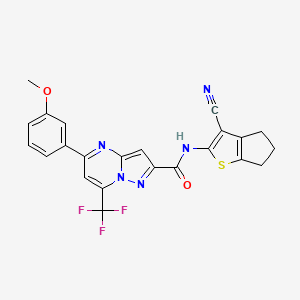 molecular formula C23H16F3N5O2S B3493956 N-(3-cyano-5,6-dihydro-4H-cyclopenta[b]thiophen-2-yl)-5-(3-methoxyphenyl)-7-(trifluoromethyl)pyrazolo[1,5-a]pyrimidine-2-carboxamide 