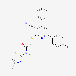 molecular formula C24H17FN4OS2 B3494097 2-{[3-cyano-6-(4-fluorophenyl)-4-phenylpyridin-2-yl]sulfanyl}-N-(4-methyl-1,3-thiazol-2-yl)acetamide 