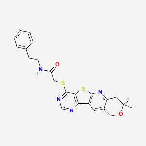 2-[(5,5-dimethyl-6-oxa-17-thia-2,12,14-triazatetracyclo[8.7.0.03,8.011,16]heptadeca-1,3(8),9,11,13,15-hexaen-15-yl)sulfanyl]-N-(2-phenylethyl)acetamide