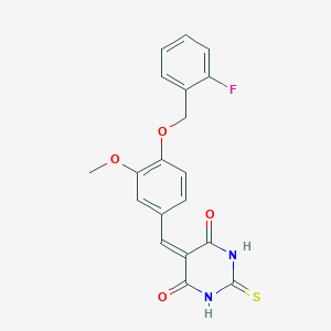 molecular formula C19H15FN2O4S B3495501 5-({4-[(2-FLUOROPHENYL)METHOXY]-3-METHOXYPHENYL}METHYLIDENE)-2-SULFANYLIDENE-1,3-DIAZINANE-4,6-DIONE 