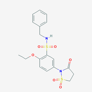 molecular formula C18H20N2O6S2 B349590 N-benzyl-5-(1,1-dioxido-3-oxo-1,2-thiazolidin-2-yl)-2-ethoxybenzenesulfonamide CAS No. 951934-10-4