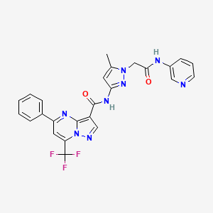 molecular formula C25H19F3N8O2 B3495984 N-{5-methyl-1-[2-oxo-2-(3-pyridinylamino)ethyl]-1H-pyrazol-3-yl}-5-phenyl-7-(trifluoromethyl)pyrazolo[1,5-a]pyrimidine-3-carboxamide 