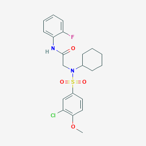 molecular formula C21H24ClFN2O4S B3496186 2-(N-CYCLOHEXYL3-CHLORO-4-METHOXYBENZENESULFONAMIDO)-N-(2-FLUOROPHENYL)ACETAMIDE 