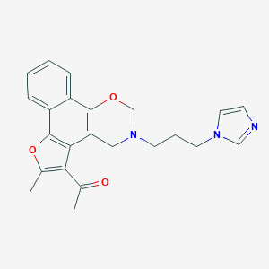 molecular formula C23H23N3O3 B349639 1-[9-(3-Imidazol-1-ylpropyl)-4-methyl-3,11-dioxa-9-azatetracyclo[11.4.0.02,6.07,12]heptadeca-1(17),2(6),4,7(12),13,15-hexaen-5-yl]ethanone CAS No. 380458-12-8