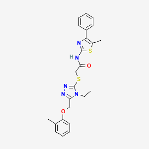 molecular formula C24H25N5O2S2 B3499473 2-({4-ethyl-5-[(2-methylphenoxy)methyl]-4H-1,2,4-triazol-3-yl}thio)-N-(5-methyl-4-phenyl-1,3-thiazol-2-yl)acetamide 