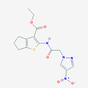 molecular formula C15H16N4O5S B3499814 ethyl 2-{[(4-nitro-1H-pyrazol-1-yl)acetyl]amino}-5,6-dihydro-4H-cyclopenta[b]thiophene-3-carboxylate 