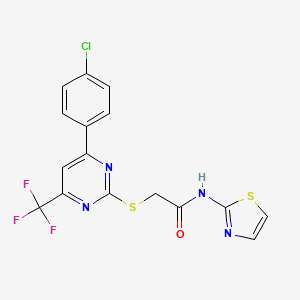 molecular formula C16H10ClF3N4OS2 B3500084 2-{[4-(4-chlorophenyl)-6-(trifluoromethyl)-2-pyrimidinyl]thio}-N-1,3-thiazol-2-ylacetamide 