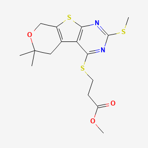 molecular formula C16H20N2O3S3 B3500271 methyl 3-{[6,6-dimethyl-2-(methylthio)-5,8-dihydro-6H-pyrano[4',3':4,5]thieno[2,3-d]pyrimidin-4-yl]thio}propanoate 