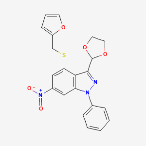 molecular formula C21H17N3O5S B3500604 3-(1,3-dioxolan-2-yl)-4-[(2-furylmethyl)thio]-6-nitro-1-phenyl-1H-indazole 