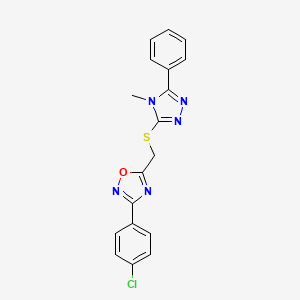 molecular formula C18H14ClN5OS B3500814 3-(4-chlorophenyl)-5-{[(4-methyl-5-phenyl-4H-1,2,4-triazol-3-yl)thio]methyl}-1,2,4-oxadiazole 