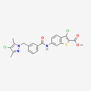 molecular formula C23H19Cl2N3O3S B3501038 methyl 3-chloro-6-({3-[(4-chloro-3,5-dimethyl-1H-pyrazol-1-yl)methyl]benzoyl}amino)-1-benzothiophene-2-carboxylate 