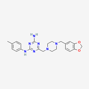 molecular formula C23H27N7O2 B3501368 6-{[4-(1,3-benzodioxol-5-ylmethyl)-1-piperazinyl]methyl}-N-(4-methylphenyl)-1,3,5-triazine-2,4-diamine 