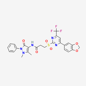 molecular formula C26H22F3N5O6S B3501550 3-{[4-(1,3-benzodioxol-5-yl)-6-(trifluoromethyl)-2-pyrimidinyl]sulfonyl}-N-(1,5-dimethyl-3-oxo-2-phenyl-2,3-dihydro-1H-pyrazol-4-yl)propanamide 