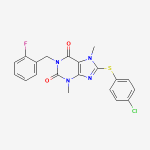molecular formula C20H16ClFN4O2S B3501568 8-[(4-chlorophenyl)thio]-1-(2-fluorobenzyl)-3,7-dimethyl-3,7-dihydro-1H-purine-2,6-dione 