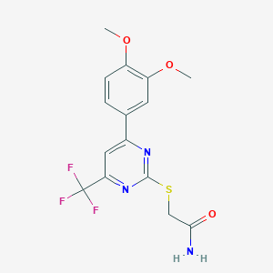 molecular formula C15H14F3N3O3S B3502317 2-{[4-(3,4-dimethoxyphenyl)-6-(trifluoromethyl)-2-pyrimidinyl]thio}acetamide 