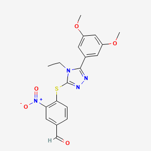 molecular formula C19H18N4O5S B3503289 4-{[5-(3,5-dimethoxyphenyl)-4-ethyl-4H-1,2,4-triazol-3-yl]thio}-3-nitrobenzaldehyde 