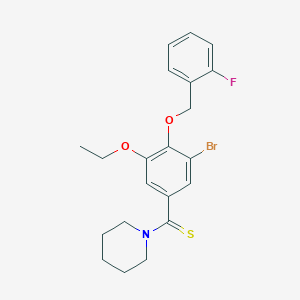 molecular formula C21H23BrFNO2S B3503378 1-({3-bromo-5-ethoxy-4-[(2-fluorobenzyl)oxy]phenyl}carbonothioyl)piperidine 
