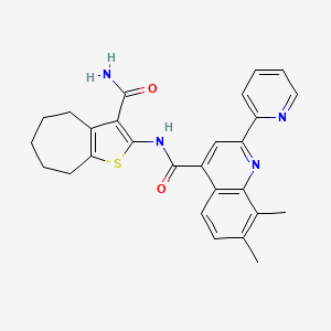 molecular formula C27H26N4O2S B3503920 N-[3-(aminocarbonyl)-5,6,7,8-tetrahydro-4H-cyclohepta[b]thien-2-yl]-7,8-dimethyl-2-(2-pyridinyl)-4-quinolinecarboxamide 