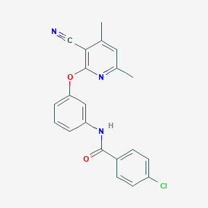 molecular formula C21H16ClN3O2 B3508774 4-chloro-N-{3-[(3-cyano-4,6-dimethylpyridin-2-yl)oxy]phenyl}benzamide 
