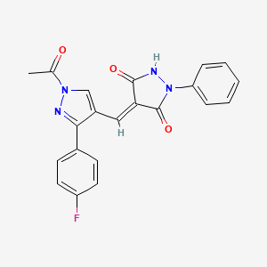 molecular formula C21H15FN4O3 B3509974 (4E)-4-{[1-acetyl-3-(4-fluorophenyl)-1H-pyrazol-4-yl]methylidene}-1-phenylpyrazolidine-3,5-dione 