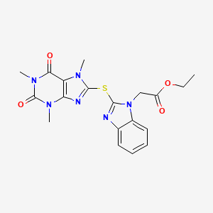 molecular formula C19H20N6O4S B3510604 ETHYL 2-{2-[(1,3,7-TRIMETHYL-2,6-DIOXO-2,3,6,7-TETRAHYDRO-1H-PURIN-8-YL)SULFANYL]-1H-1,3-BENZODIAZOL-1-YL}ACETATE 