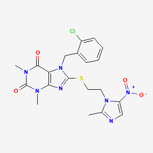 molecular formula C20H20ClN7O4S B3511050 7-[(2-CHLOROPHENYL)METHYL]-1,3-DIMETHYL-8-{[2-(2-METHYL-5-NITRO-1H-IMIDAZOL-1-YL)ETHYL]SULFANYL}-2,3,6,7-TETRAHYDRO-1H-PURINE-2,6-DIONE 