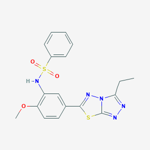 molecular formula C18H17N5O3S2 B351200 N-[5-(3-ethyl[1,2,4]triazolo[3,4-b][1,3,4]thiadiazol-6-yl)-2-methoxyphenyl]benzenesulfonamide CAS No. 925095-37-0