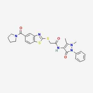 molecular formula C25H25N5O3S2 B3513452 N-(1,5-DIMETHYL-3-OXO-2-PHENYL-2,3-DIHYDRO-1H-PYRAZOL-4-YL)-2-{[5-(1-PYRROLIDINYLCARBONYL)-1,3-BENZOTHIAZOL-2-YL]SULFANYL}ACETAMIDE 