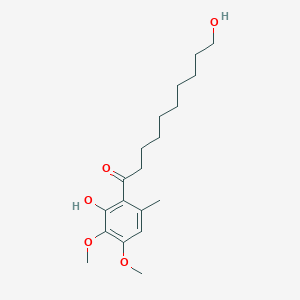molecular formula C19H30O5 B035138 10-Hydroxy-1-(2-hydroxy-3,4-dimethoxy-6-methylphenyl)decan-1-one CAS No. 104966-97-4