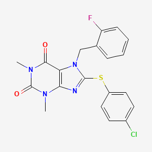 molecular formula C20H16ClFN4O2S B3514435 8-[(4-CHLOROPHENYL)SULFANYL]-7-[(2-FLUOROPHENYL)METHYL]-1,3-DIMETHYL-2,3,6,7-TETRAHYDRO-1H-PURINE-2,6-DIONE 