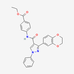 molecular formula C27H23N3O5 B3514839 Ethyl 4-[[3-(2,3-dihydro-1,4-benzodioxin-6-yl)-1-phenylpyrazole-4-carbonyl]amino]benzoate 