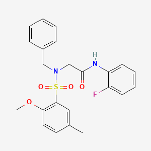 molecular formula C23H23FN2O4S B3522698 2-[benzyl-(2-methoxy-5-methylphenyl)sulfonylamino]-N-(2-fluorophenyl)acetamide 