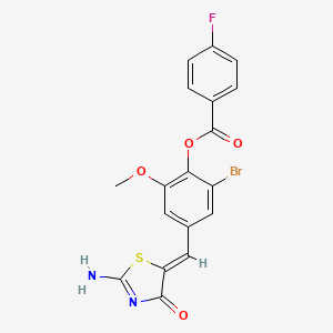 molecular formula C18H12BrFN2O4S B3526379 2-bromo-4-[(2-imino-4-oxo-1,3-thiazolidin-5-ylidene)methyl]-6-methoxyphenyl 4-fluorobenzoate 