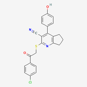 molecular formula C23H17ClN2O2S B3529490 2-{[2-(4-chlorophenyl)-2-oxoethyl]thio}-4-(4-hydroxyphenyl)-6,7-dihydro-5H-cyclopenta[b]pyridine-3-carbonitrile 