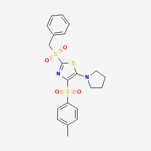 molecular formula C21H22N2O4S3 B3529932 2-(benzylsulfonyl)-4-[(4-methylphenyl)sulfonyl]-5-(1-pyrrolidinyl)-1,3-thiazole 