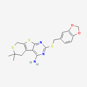 molecular formula C19H19N3O2S3 B3530423 2-[(1,3-benzodioxol-5-ylmethyl)thio]-6,6-dimethyl-5,8-dihydro-6H-thiopyrano[4',3':4,5]thieno[2,3-d]pyrimidin-4-amine 