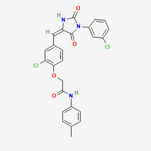 2-(2-chloro-4-{[1-(3-chlorophenyl)-2,5-dioxo-4-imidazolidinylidene]methyl}phenoxy)-N-(4-methylphenyl)acetamide