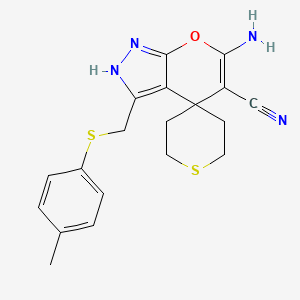 molecular formula C19H20N4OS2 B3533074 6-amino-3-{[(4-methylphenyl)thio]methyl}-2',3',5',6'-tetrahydro-2H-spiro[pyrano[2,3-c]pyrazole-4,4'-thiopyran]-5-carbonitrile 