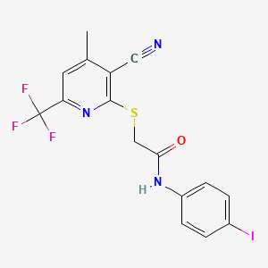 molecular formula C16H11F3IN3OS B3533208 2-{[3-cyano-4-methyl-6-(trifluoromethyl)-2-pyridinyl]thio}-N-(4-iodophenyl)acetamide 