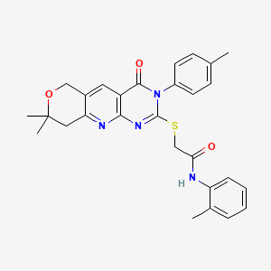 molecular formula C28H28N4O3S B3534464 2-{[8,8-dimethyl-3-(4-methylphenyl)-4-oxo-3,6,8,9-tetrahydro-4H-pyrano[3',4':5,6]pyrido[2,3-d]pyrimidin-2-yl]thio}-N-(2-methylphenyl)acetamide 