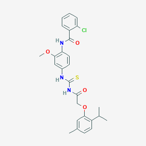 molecular formula C27H28ClN3O4S B3534550 2-chloro-N-{4-[({[(2-isopropyl-5-methylphenoxy)acetyl]amino}carbonothioyl)amino]-2-methoxyphenyl}benzamide 