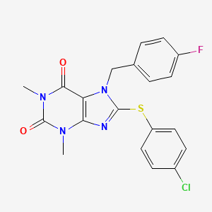 molecular formula C20H16ClFN4O2S B3534679 8-[(4-chlorophenyl)thio]-7-(4-fluorobenzyl)-1,3-dimethyl-3,7-dihydro-1H-purine-2,6-dione 