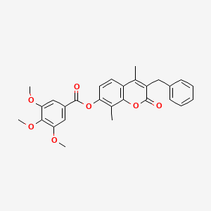 molecular formula C28H26O7 B3538782 3-benzyl-4,8-dimethyl-2-oxo-2H-chromen-7-yl 3,4,5-trimethoxybenzoate 