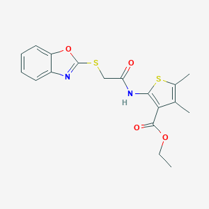 molecular formula C18H18N2O4S2 B354014 Ethyl 2-{[(1,3-benzoxazol-2-ylthio)acetyl]amino}-4,5-dimethyl-3-thiophenecarboxylate CAS No. 736957-03-2